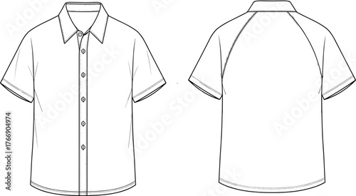 Short sleeve button-up shirt vector, front and back view, pointed collar, raglan sleeve detail, fashion sketch, garment template, apparel illustration