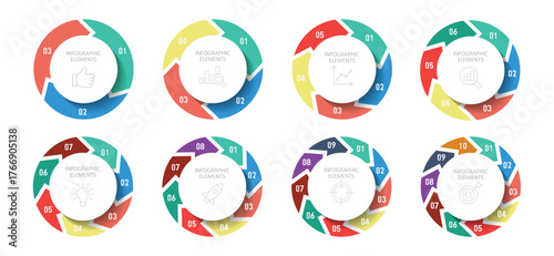Set of vector infographic circle templates. Template for cycle diagram, graph, puzzle presentation and round chart. Business concept with data processes.