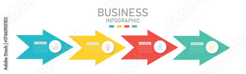 Business growth arrow template. Infographic. The arrow business model concept features six consecutive steps, accompanied by four vibrant graphical elements.