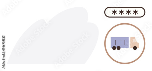 Truck icon inside circular frame and password box with obscured characters. Ideal for security, transportation, delivery, logistics, technology, data protection, and privacy themes. Simple flat
