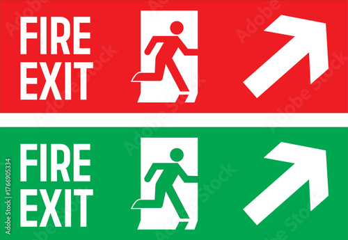 fire exit direction sign with running man icon and upward right arrow on red and green safety backgrounds