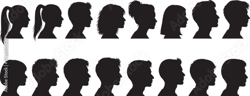 Silhouettes of diverse human head profiles, black illustration, hairstyle variety, male and female features, side view, minimal design, identity, character modeling