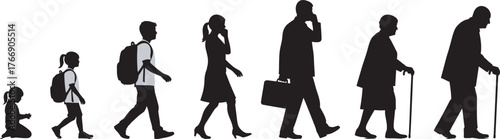 Silhouettes of human life stages, crawling infant to elderly adult, black illustration, age progression, walking figures, generational timeline, posture study, side view