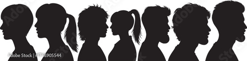 Silhouettes of modern hairstyles, male and female profiles, black illustration, edgy grooming styles, side view, character design, identity, fashion, minimal