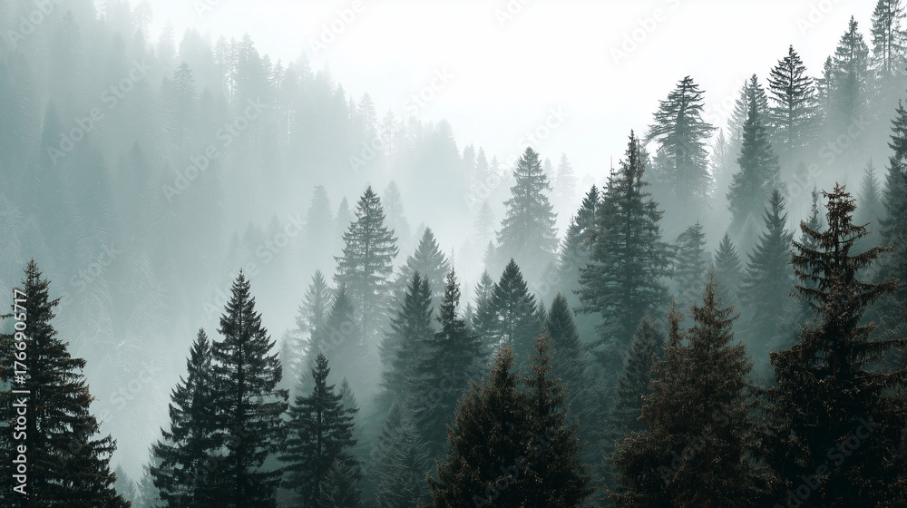 Obraz premium Green forest in fog, minimalist nature