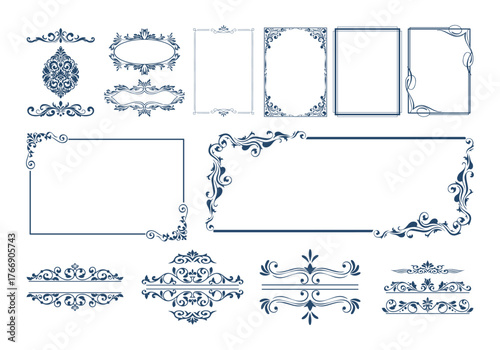 Vintage Ornamental Frame Divider Set, decorative borders and vintage text dividers, 
Elegant Calligraphic Flourish Design ornaments, swirl line frames for 
invitations and certificates