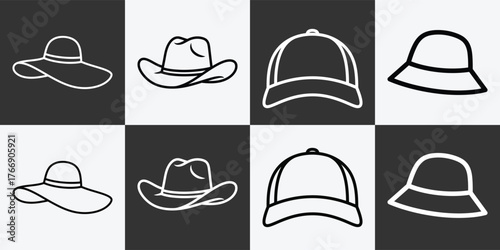 Collection of stylish hats featuring top hats fedoras and beanies in simple line art style