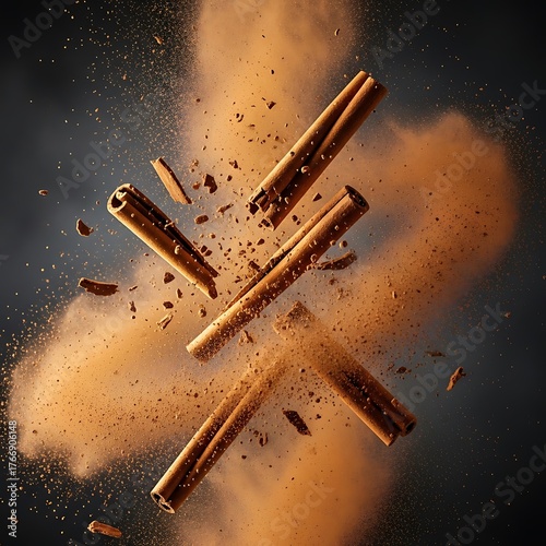 Exploding cinnamon sticks create a dynamic and aromatic display against a dark backdrop