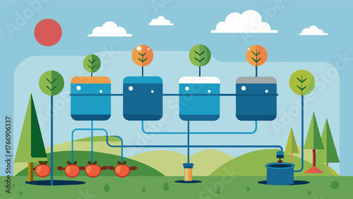 A network of underground pipes connected to a central fertilizer tank delivering precise amounts of nutrients to different areas of the greenhouse.. Vector illustration