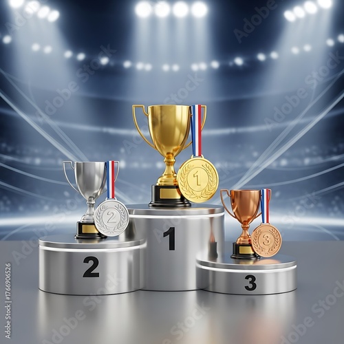 Trophies and medals on a podium representing first, second, and third place winners