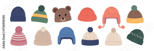 Winter Hats Set. Trendy Knitted Beanies and Wool Caps Vector Illustration