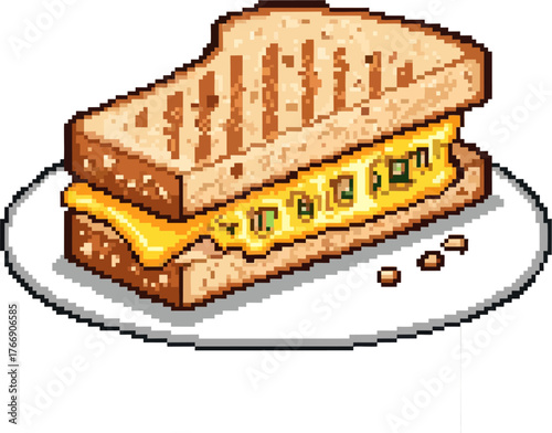A pixelated illustration of a toasted sandwich on a white plate, ready to eat.
