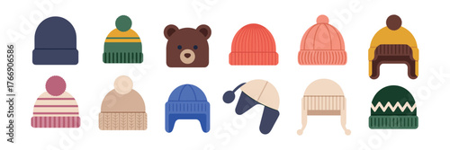 Knitted Winter Caps and Beanies. Stylish Cold Weather Accessories Illustration