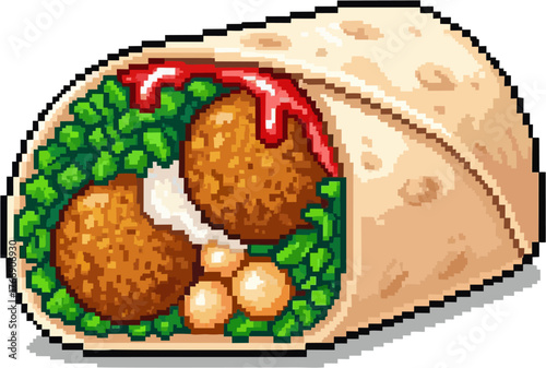 A pixelated illustration of a delicious falafel wrap with various fillings.
