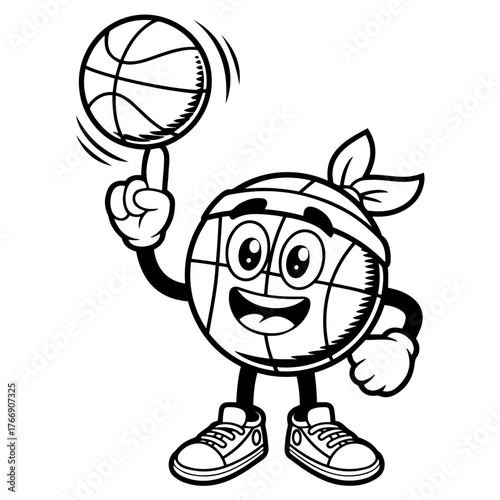 Happy basketball character spinning ball on finger wearing headband and sneakers isolated on transparent background