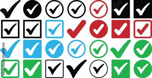 Collection of Check Marks and Tick Icons Representing Approval and Confirmation