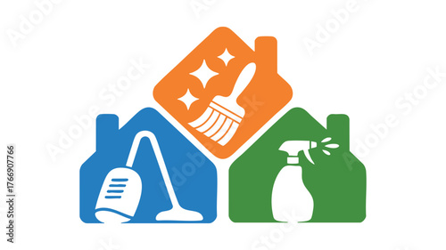House cleaning service logo with broom vacuum and spray bottle icons symbolizing clean homes