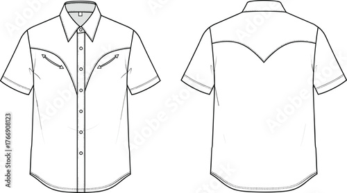 Western-style short sleeve shirt technical fashion sketch, front and back view, pointed collar, chest pockets, curved yoke, vector illustration, garment design