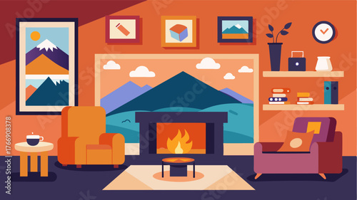 A warm and inviting living room with a fireplace and a collection of travel photos on the walls showcasing the nomadic journey and memories of a digital nomad.. Vector illustration