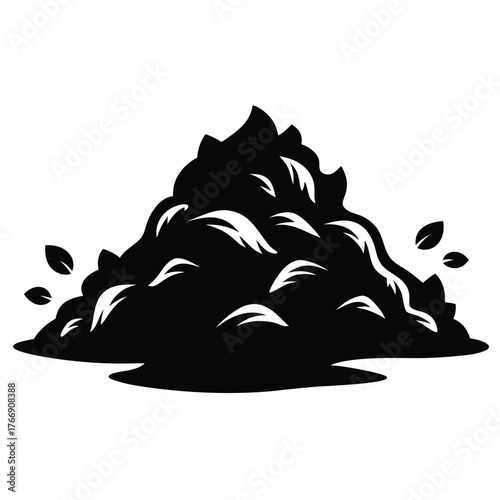 Silhouette art depicts a pile of compost or mulch with floating leaves around it