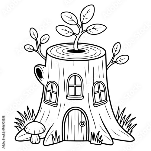 Whimsical tree stump home with mushroom and sprouting plant coloring page isolated on transparent background