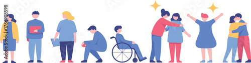 Inclusive community, diverse people, social support, wheelchair assistance, emotional connection, empathy, friendship, multicultural interaction, human bonding, mental wellness, care, unity, happiness