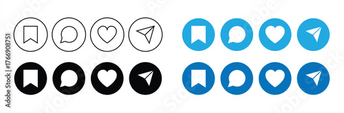 icon set share, save, like and comment, isolated on white background, vector illustration