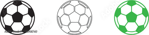 Three soccer balls in a vertical row showing a black and white ball a detailed outline and a green and white ball