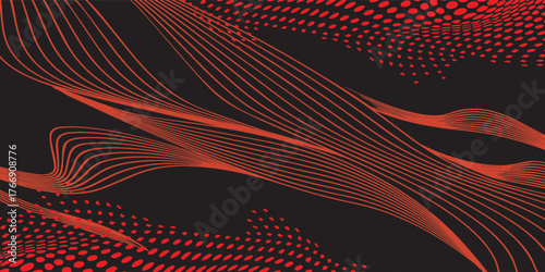 Abstract Design with Red Lines and Dots on Dark Background.