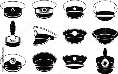 Military service hats vector set, officer caps, army headwear, uniform insignia collection, ceremonial styles, editable illustration for stock use