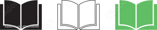 Three stylized open book icons in black white and green representing knowledge education and learning