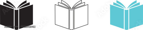 Three stylized open books in black white and cyan representing knowledge and learning