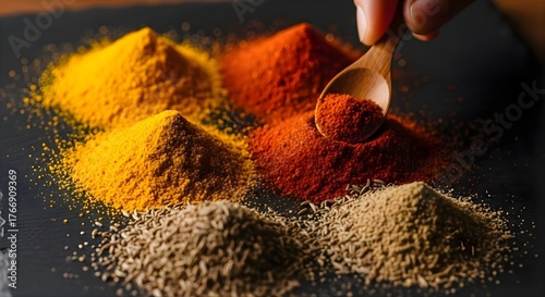 Fototapeta Naklejka Na Ścianę i Meble -  A hand scoops a spoonful of vibrant red paprika spice from a pile, surrounded by mounds of turmeric and other spices on a dark surface