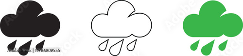 Three stylized cloud icons with falling raindrops in black white and green on a white background