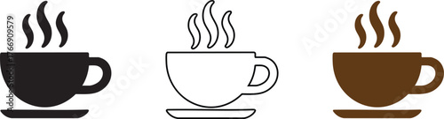 Three stylized coffee cups with steam rising presented in black outline and brown variations