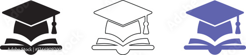Three stylized graduation caps and open books in black silhouette outline and purple color variations