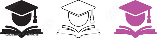 Three stylized graduation caps and open books icons representing education knowledge and achievement in black white and pink