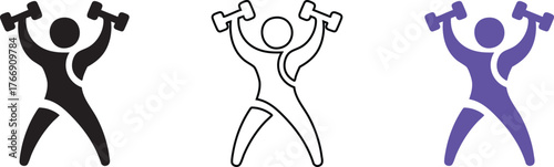 Stylized human figures in black white and purple lifting dumbbells in a dynamic pose representing fitness and strength