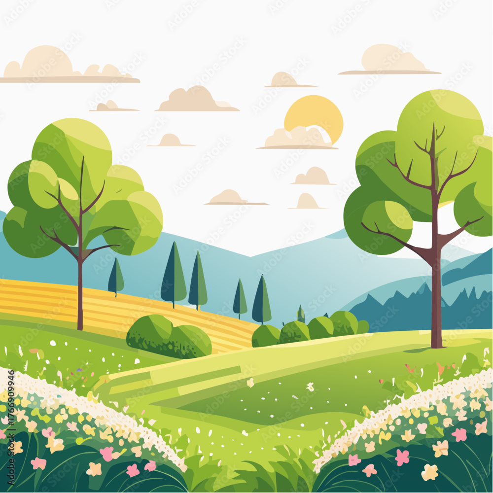 Naklejka premium spring landscape with trees in the foreground and green hills covered by blooming flowers