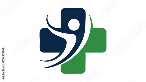 Dynamic human figure overlaying blue and green medical cross symbol health wellness logo
