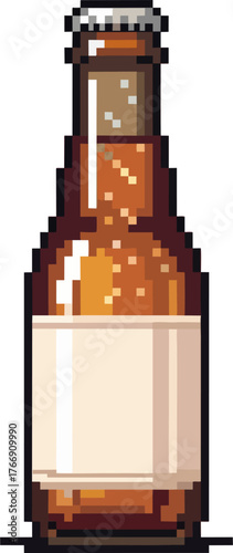 A pixelated illustration of a beer bottle with a blank label.