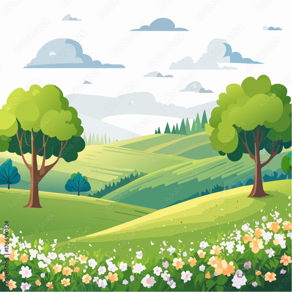 Naklejka premium spring landscape with trees in the foreground and green hills covered by blooming flowers