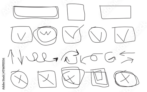 Hand Drawn Check Marks Cross Marks and Arrows on White Background Representing Different Choices and Directions