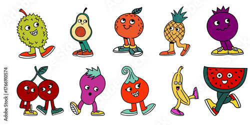 Whimsical cartoon fruits and vegetables with happy faces and legs, dancing joyfully, perfect for kids' content, education, and fun designs.