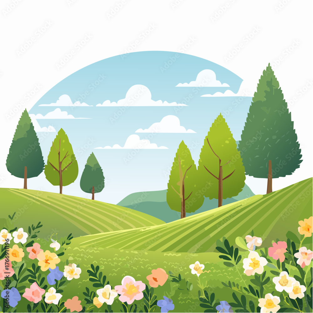 Obraz premium spring landscape with trees in the foreground and green hills covered by blooming flowers