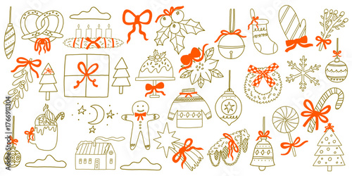 Christmas Sketch Whimsical Icon with Bow. Coquette Xmas Decor Elements. Vintage Doodle Vector Illustration