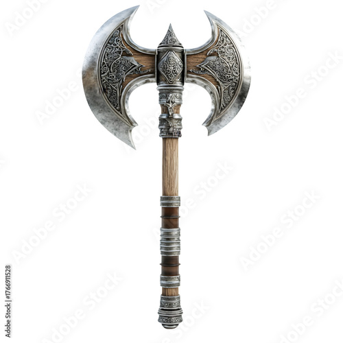 Ornate double bladed battle axe with intricate metalwork and wooden handle isolated on transparent background