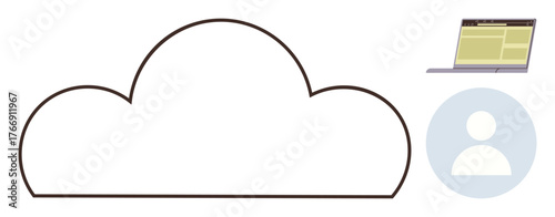 Cloud outline connecting laptop and user icon, visually highlighting cloud storage, data sharing, and remote access. Ideal for technology, networking, digital infrastructure, collaboration, security
