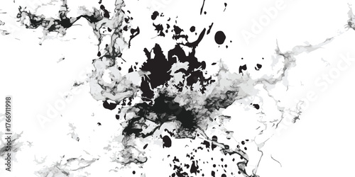 Abstract Black and Gray Ink Splatter Design on White Background.