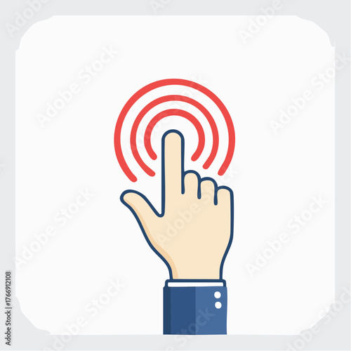 Hand pressing button vector icon in red outline on white background